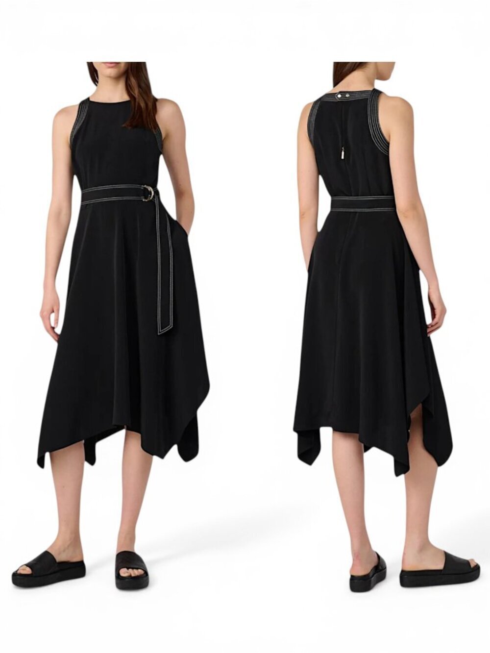 Karl Lagerfeld Black Contrast Stitch Silky Crepe Midi Dress Belted NWT New 0
